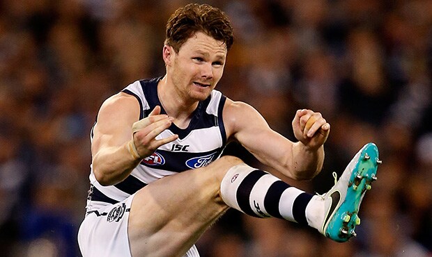 AFL 2016 Second Qualifying Final - Geelong v Hawthorn MELBOURNE, AUSTRALIA - SEPTEMBER 09: Patrick Dangerfield of the Cats attempts a kick on goal during the 2016 AFL Second Qualifying Final match between the Geelong Cats and the Hawthorn Hawks at the Melbourne Cricket Ground on September 09, 2016 in Melbourne, Australia. (Photo by Justine Walker/AFL Media)